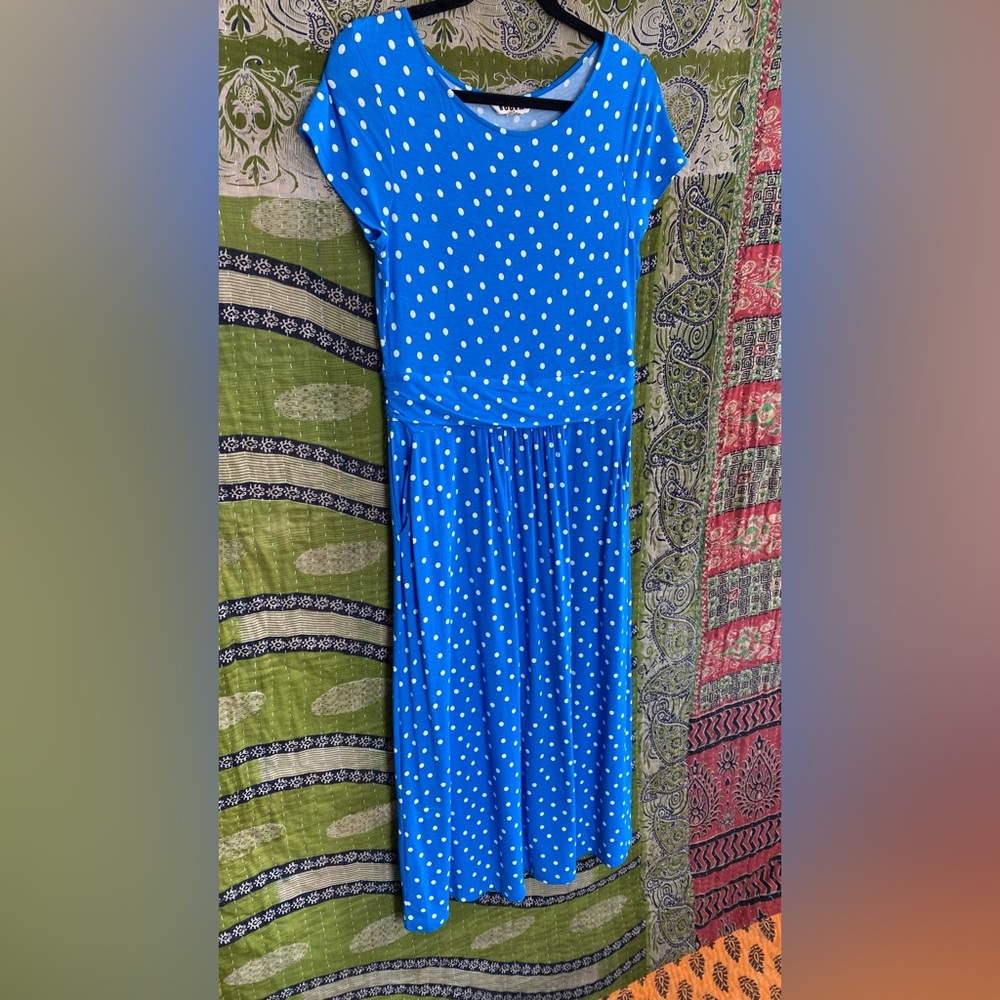 Boden Blue/ White Polka Dot Amelie Jersey Knit Midi Dress Size 8 Buyer Favorite - Picture 3 of 15